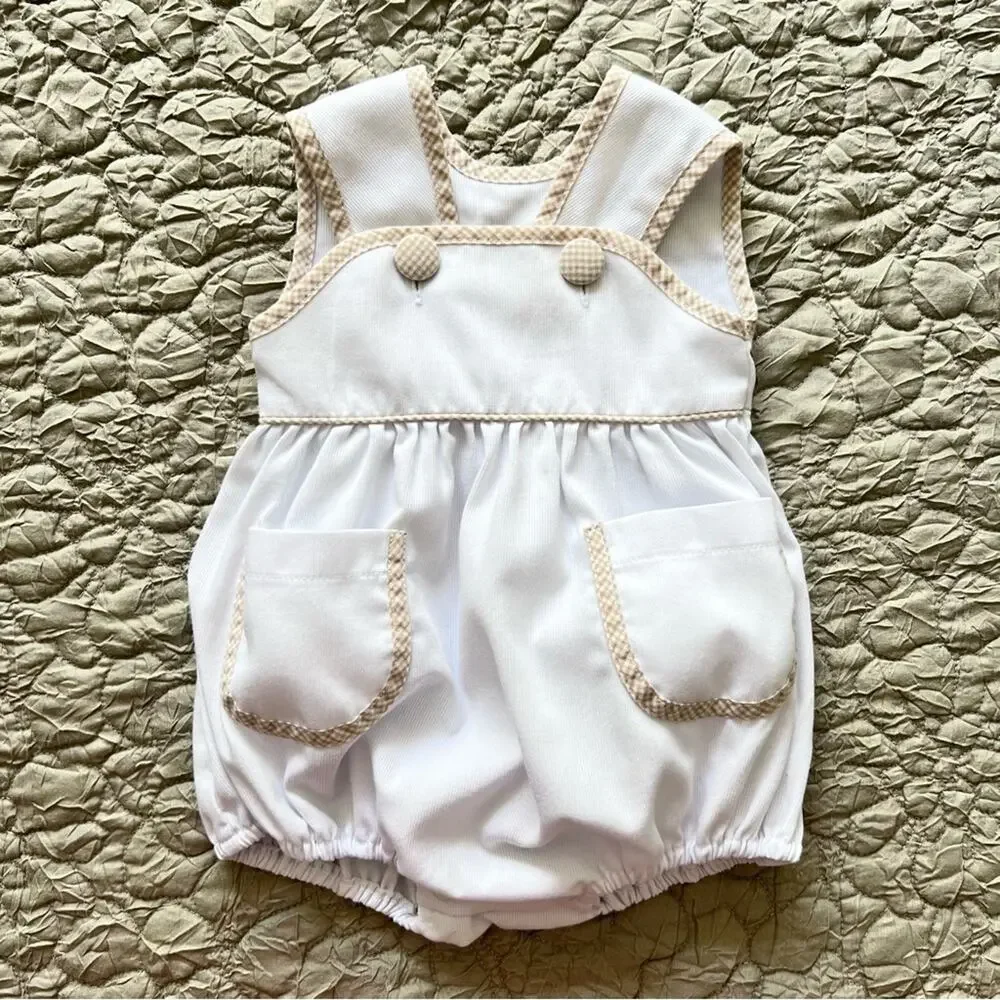Shrimp & Grits Kids Romper Baby 3M White Gingham Trim Bubble Preppy Classic